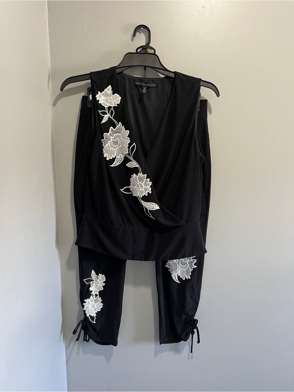 White House Black Market Black Jumpsuit Set with White Floral Appliqué